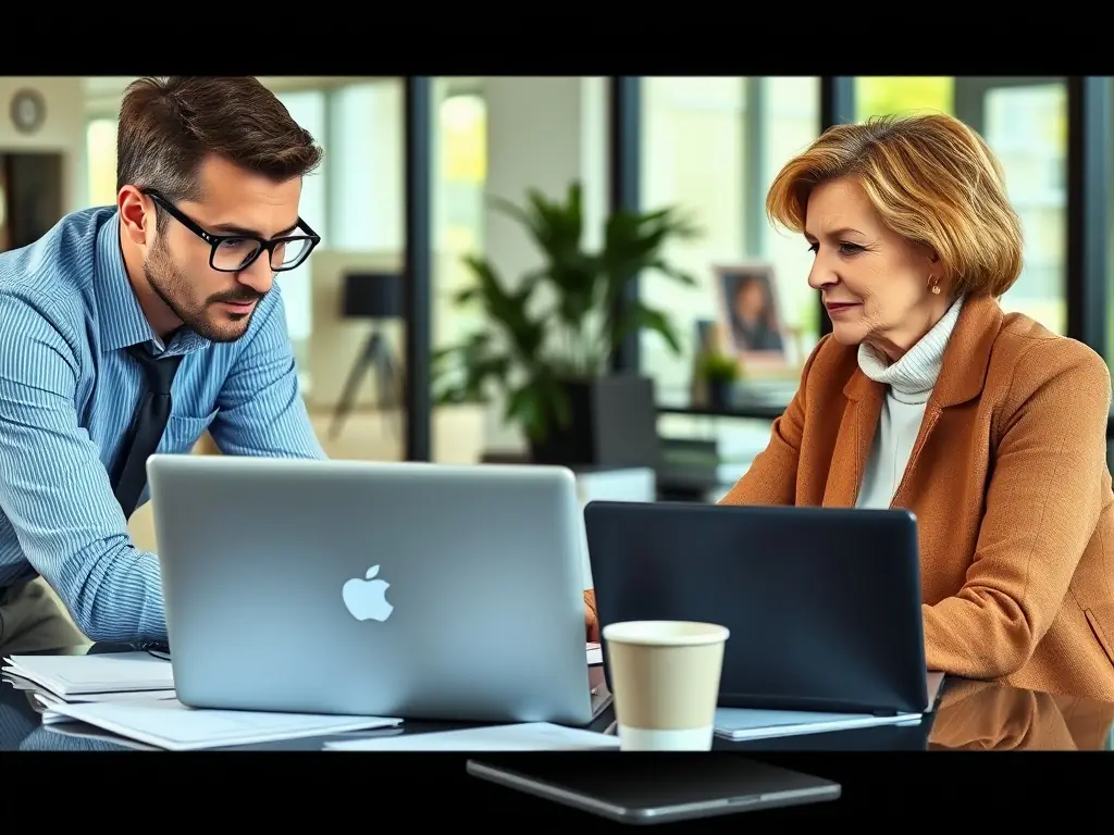 A financial advisor sitting at a desk, reviewing financial documents with a client in a modern office setting. The scene conveys trust and expertise.