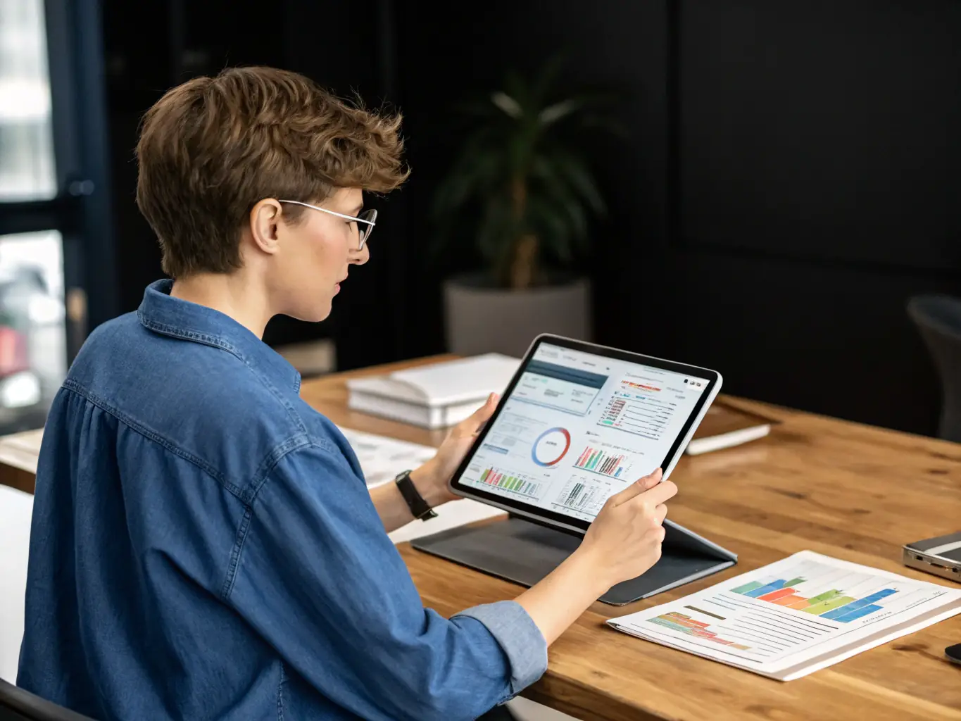 A person using a digital tablet to review financial data and market trends, with charts and graphs displayed on the screen. The image represents modern financial management.