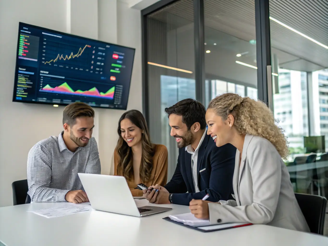 A diverse group of people collaborating around a table, discussing investment strategies and market trends. The atmosphere is collaborative and forward-thinking.